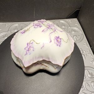 Ngr Limoges France Hand Painted Covered Dresser Powder Jar Green Flowers Signed